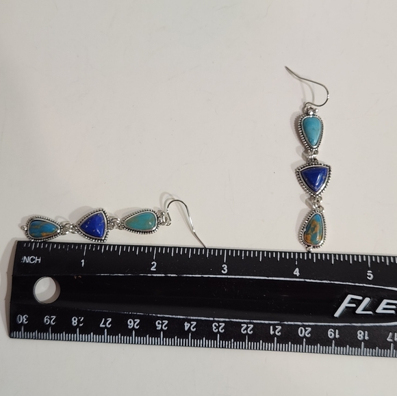 Silver Plated With Lapis Lazuli & Turquoise Dangle Earrings - Picture 11 of 11